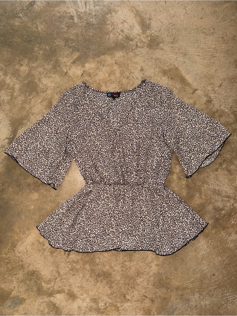 Y2K Leopard Print Peplum Top M (Fit S) B Famous USA Flutter Sleeve
